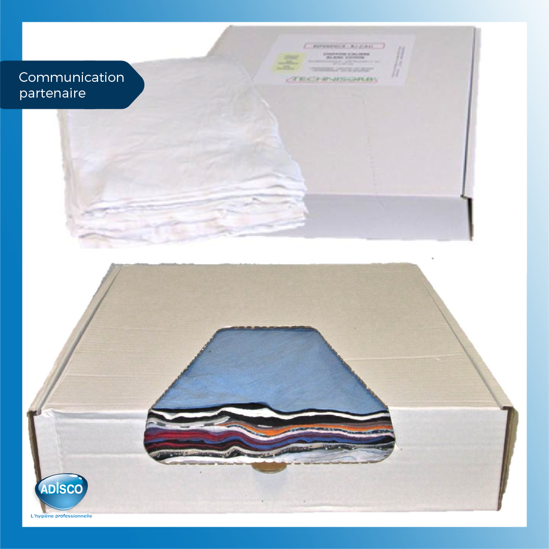 Chiffons calibrés Technisorb coton blanc et couleur conditionnés en carton distributeur de 120 formats à plat.